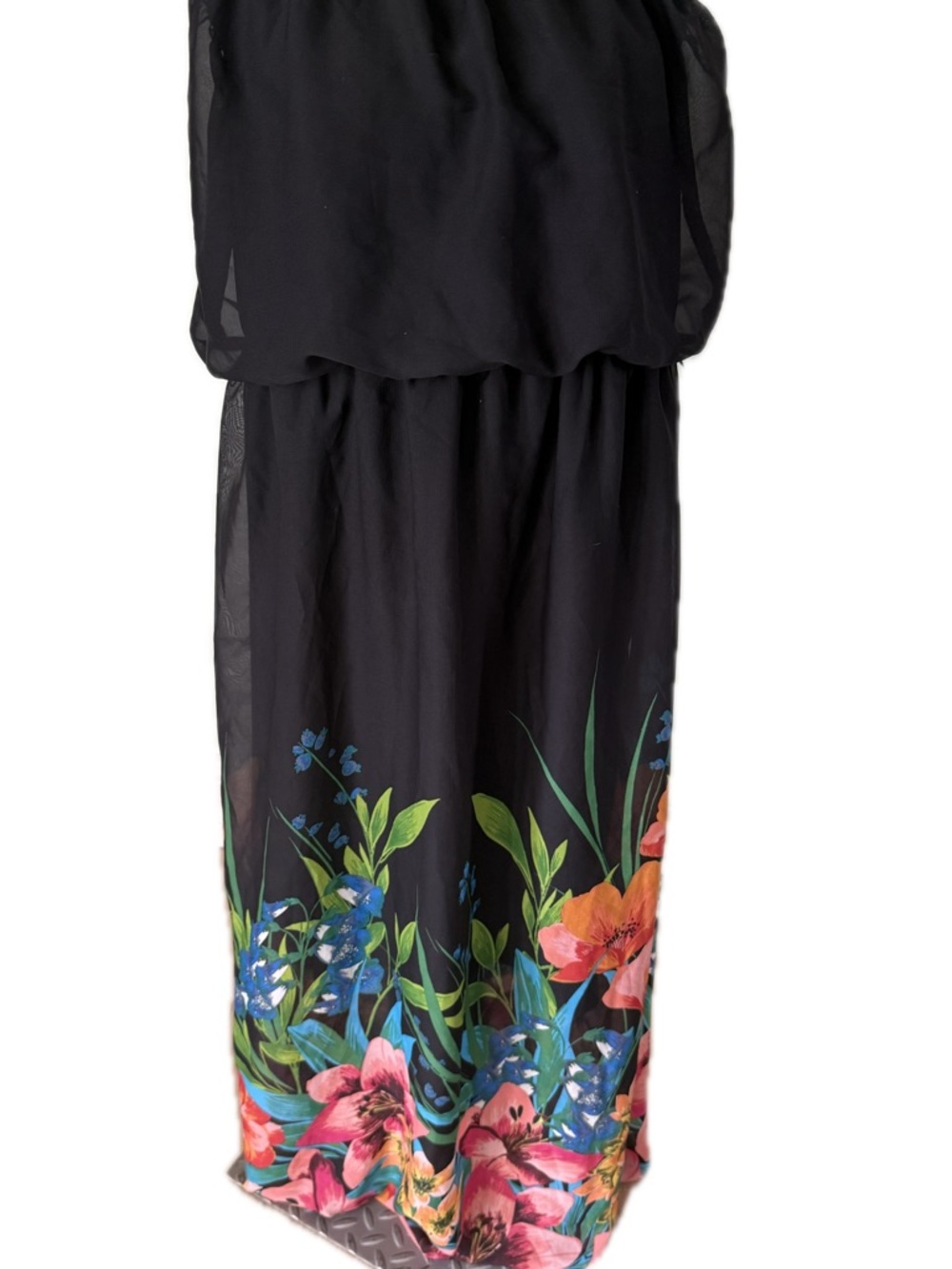 Maurices Black Maxi Dress with Pink, Blue & Green Floral Border, Size L
